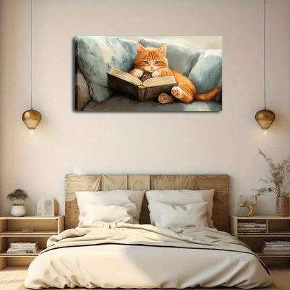 Orange Cat On Book Abstract Wall Art Canvas Office Home Room Framed 120x60cm - Bella Home Decor