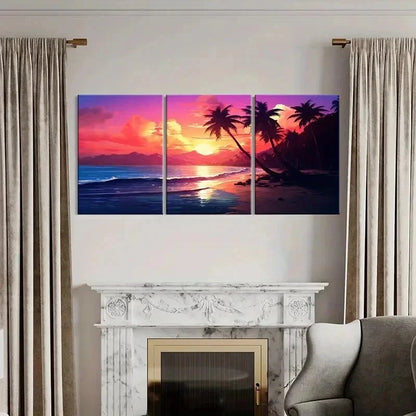 3pcs Colorful Sky Palm Trees & Ocean Waves Wall Art Set Canvas Framed 50x70cm - High Quality Print 100% Australian Made Wall Canvas Ready to Hang - Bella Home Decor