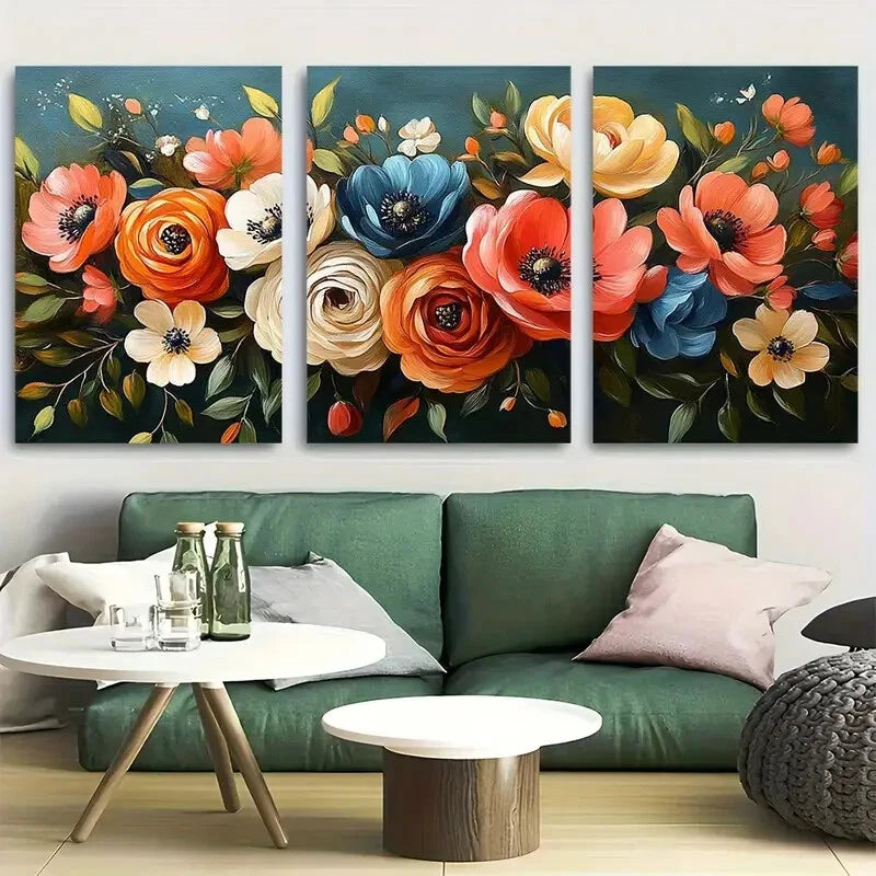 3pcs Bold Floral Bouquet Abstract Perfect Wall Art Set Canvas Framed 40x60cm - High Quality Print 100% Australian Made Wall Canvas Ready to Hang - Bella Home Decor
