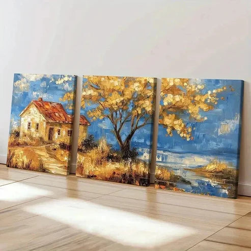 3pcs Autumn Cottage Golden Tree Serene Landscape Wall Art Set Canvas Unframed - High Quality Print 100% Australian Made Wall Canvas - Bella Home Decor