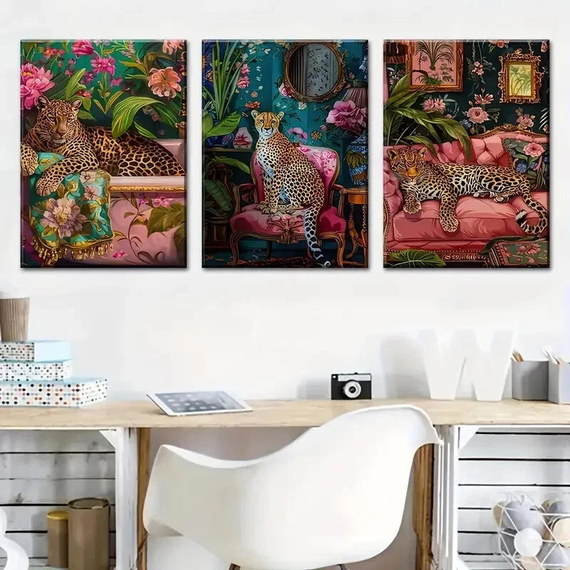 3pcs Three Cheetah Stylish Murals Perfect Wall Art Set Canvas Framed 40x60cm - High Quality Print 100% Australian Made Wall Canvas Ready to Hang - Bella Home Decor