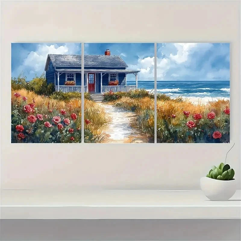 3pcs  Beach House Painting Cape Cod FT    Wall Art Set Canvas Framed 50x70cm - High Quality Print 100% Australian Made Wall Canvas Ready to Hang - Bella Home Decor