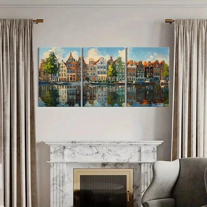 3pcs Amsterdam Canal Scene Reflections Wall Art Set Canvas Framed 50x70cm - High Quality Print 100% Australian Made Wall Canvas Ready to Hang - Bella Home Decor