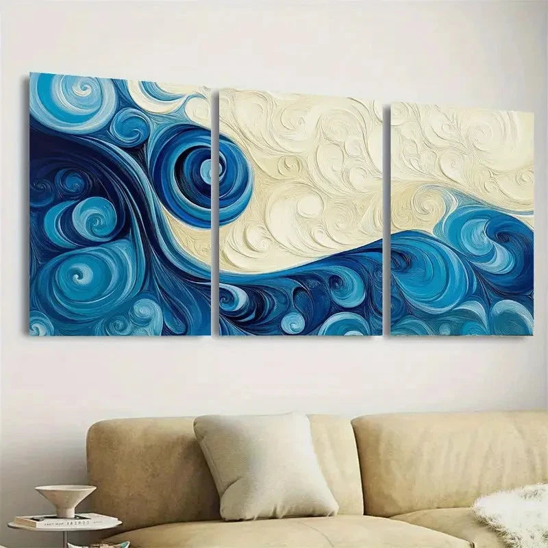 3pcs Swirls on Cream and Blue Wall Art Set Canvas Framed 50x70cm - High Quality Print 100% Australian Made Wall Canvas Ready to Hang - Bella Home Decor
