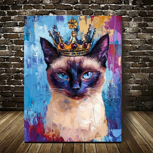 Crowned Siamese Cat with Vibrant Abstract Painting 40x60cm Metal Print Ready to Hang