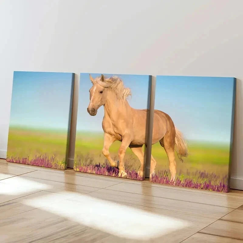 3pcs Meadow Running Horses & Lavender Flowers Wall Art Set Canvas Framed 60x90cm - High Quality Print 100% Australian Made Wall Canvas Ready to Hang - Bella Home Decor