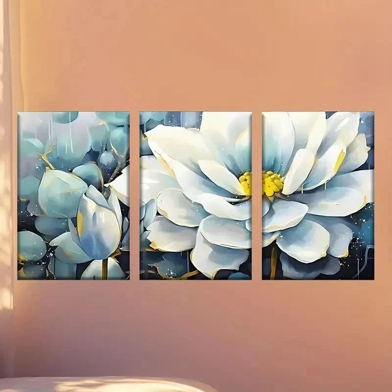 3pcs  Elegant White & Blue Lotus Flower Wall Art Set Canvas Framed 50x70cm - High Quality Print 100% Australian Made Wall Canvas Ready to Hang - Bella Home Decor