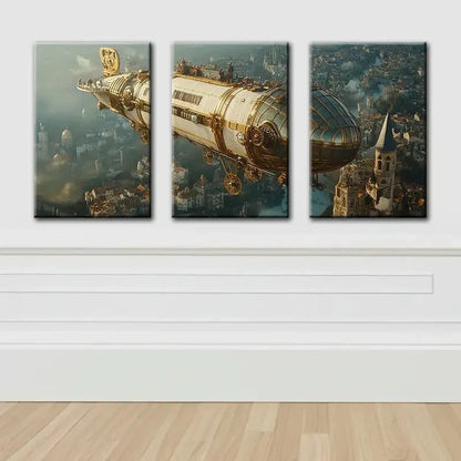 3pcs Steampunk Airship Vintage Style Wall Art Set Canvas Framed 50x70cm - High Quality Print 100% Australian Made Wall Canvas Ready to Hang