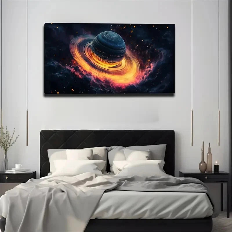 A Planet With Yellow Halo Wall Art Canvas Office Home Room Framed 120x60cm