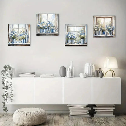 4pcsElegant Blue & White FloralWall Art Canvas Framed