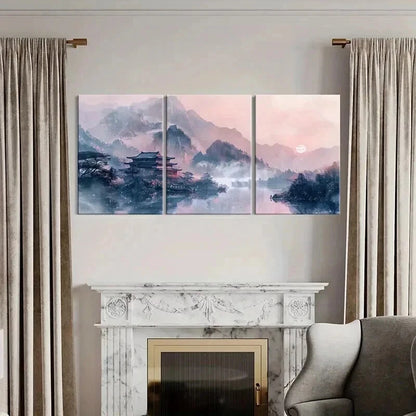 3pcs Chinese Traditional Architecture Landscape Wall Art Set Canvas Framed 50x70cm - High Quality Print 100% Australian Made Wall Canvas Ready to Hang - Bella Home Decor
