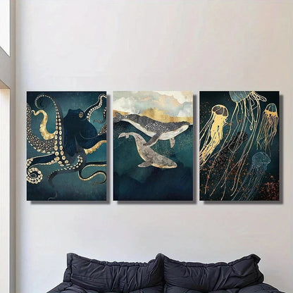 Three underwater-themed paintings on a wall above a sofa.