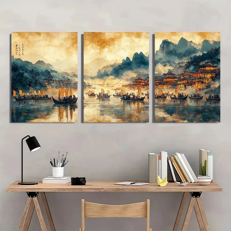 3pcs Asian Landscape with Boat Scene Metal Print Ready to Hang Art - Bella Home Decor