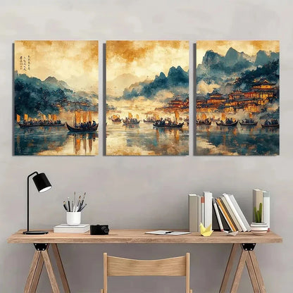 3pcs Asian Landscape with Boat Scene Metal Print Ready to Hang Art - Bella Home Decor