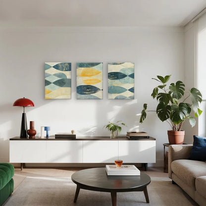 3pcs Modern Abstract Geometric Teal and Yellow Wall Art Set Canvas Framed 50x70cm - High Quality Print 100% Australian Made Wall Canvas Ready to Hang