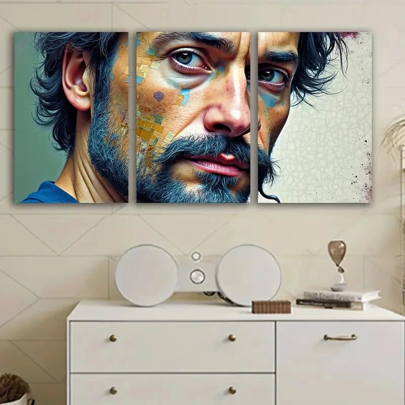 3pcs Bearded Man With Abstract Splatter Design Wall Art Set Canvas Framed 50x70cm - High Quality Print 100% Australian Made Wall Canvas Ready to Hang - Bella Home Decor