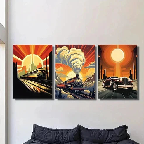 3pcs Steam Age & Industrial Cars & Trains Wall Art Set Canvas Unframed - High Quality Print 100% Australian Made Wall Canvas