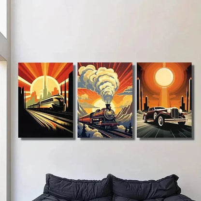 3pcs Steam Age & Industrial Cars & Trains Wall Art Set Canvas Unframed - High Quality Print 100% Australian Made Wall Canvas