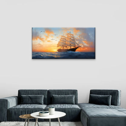 Ocean Vessel Sunset Birds Wall Art Canvas Office Home Room Framed 120x60cm