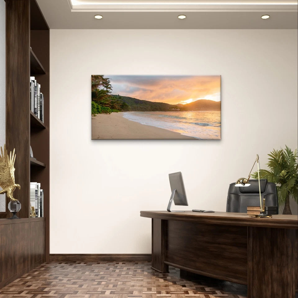 Tropical Beach Sunset and Palm Trees Wall Art Canvas Office Home Framed 120x60cm