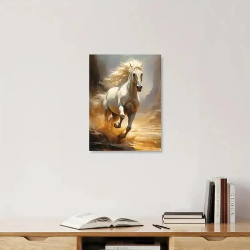 Beautiful White Horse With Long Mane Galloping 60x90cm Metal Print Ready to Hang
