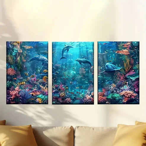 3pcs Aquarium Scene Dolphins & Colorful Fish Wall Art Canvas Unframed – High Quality Print 100% Australian Made Wall Canvas - Bella Home Decor