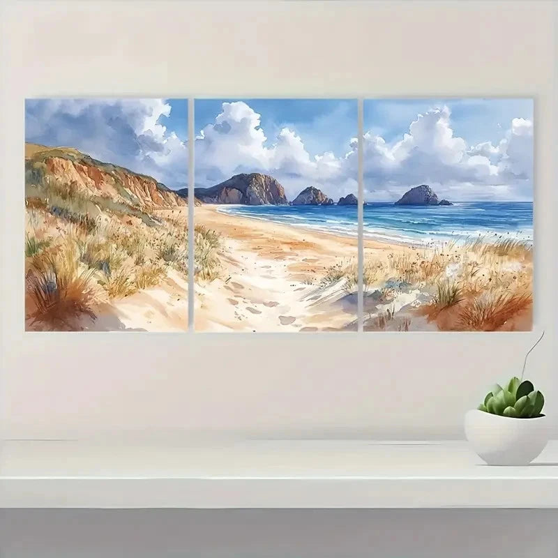 3pcs  Beach Scene  Cliffs & Sandy Shoreline  SC   Wall Art Set Canvas Framed 50x70cm - High Quality Print 100% Australian Made Wall Canvas Ready to Hang - Bella Home Decor
