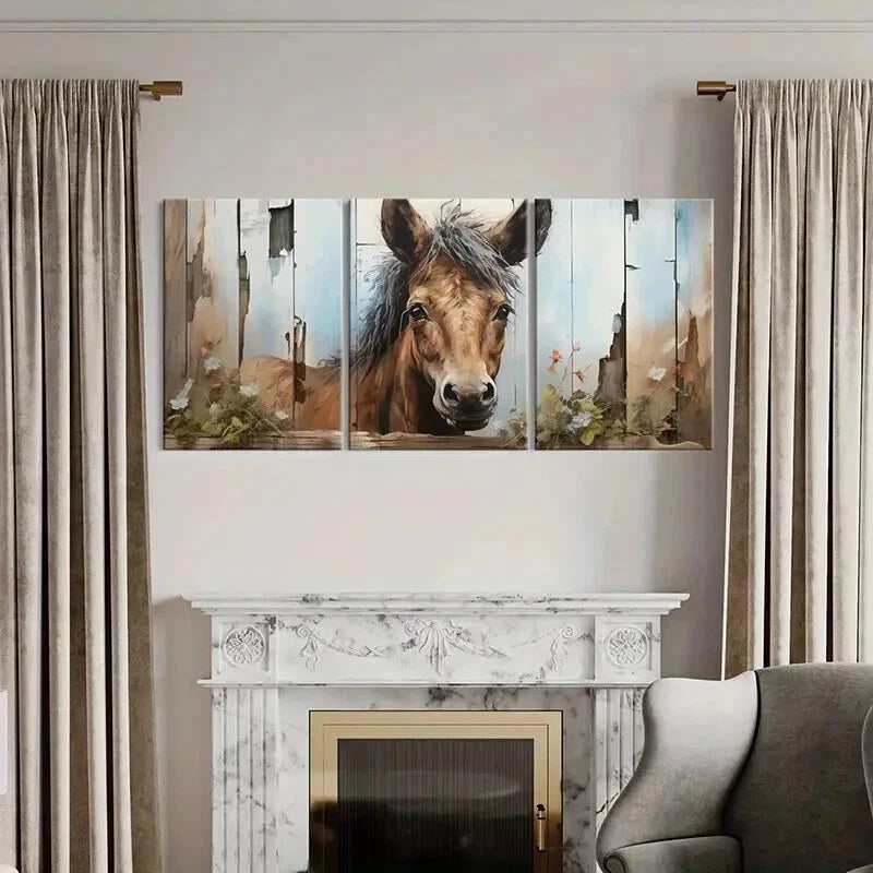 3pcs Rustic Fence Flowers & Horse Landscape Wall Art Set Canvas Framed 50x70cm - High Quality Print 100% Australian Made Wall Canvas Ready to Hang - Bella Home Decor