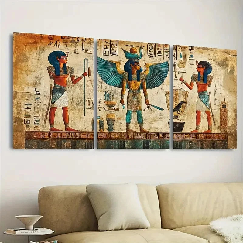 3pcs Egyptian Hieroglyphs Wall Art Set Canvas Framed 50x70cm - High Quality Print 100% Australian Made Wall Canvas Ready to Hang - Bella Home Decor