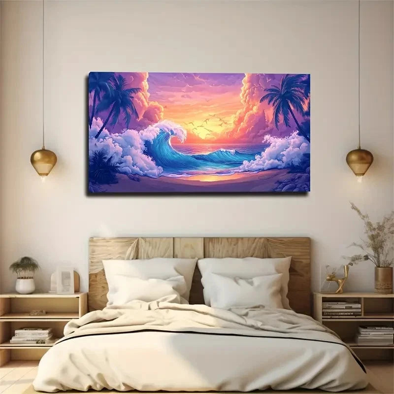 Vibrant Sunset Beach Scene Wall Art Canvas Office Home Room Framed 120x60cm