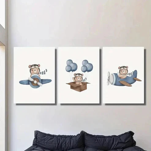3pcs Bear Flying a Plane in the Sky Wall Art Canvas Unframed – High Quality Print 100% Australian Made Wall Canvas - Bella Home Decor