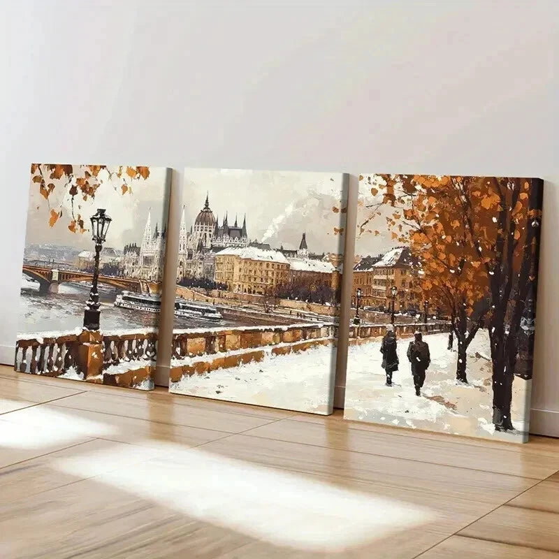 3pcs Snowy Cityscape with River & Autumn Leaves Wall Art Set Canvas Framed 60x90cm - High Quality Print 100% Australian Made Wall Canvas Ready to Hang - Bella Home Decor