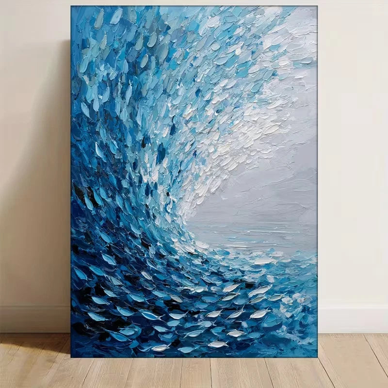 Blue & White Coastal Abstract Koi Fish Ocean Wave 60x90cm Metal Print Ready to Hang