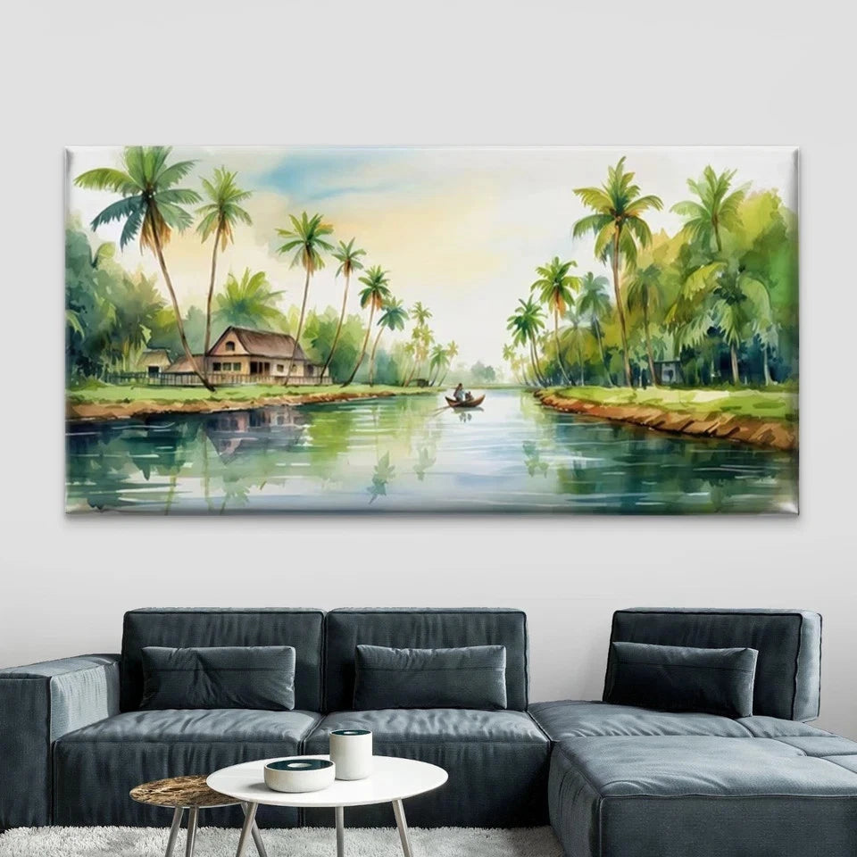 Tropical Palm Tree & River Wall Art Canvas Office Home Room Framed 120x60cm