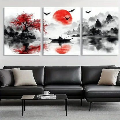 3pcs Red Sun Over River & Mountains Perfect Wall Art Set Canvas Unframed - High Quality Print 100% Australian Made Wall Canvas
