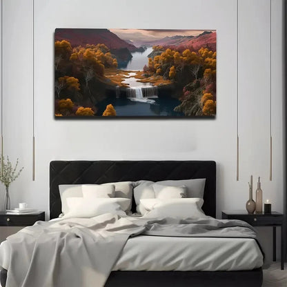 Bedroom with a large landscape painting of a waterfall and trees on the wall.