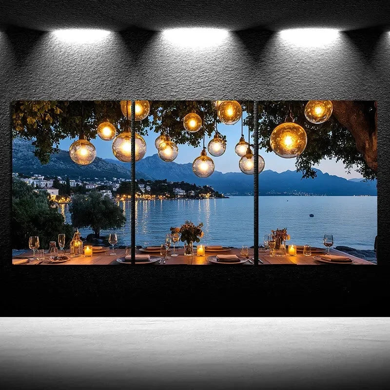3pcs Coastal Dining Ambiance Chandelier Lamps Metal Print Ready to Hang Art - Bella Home Decor
