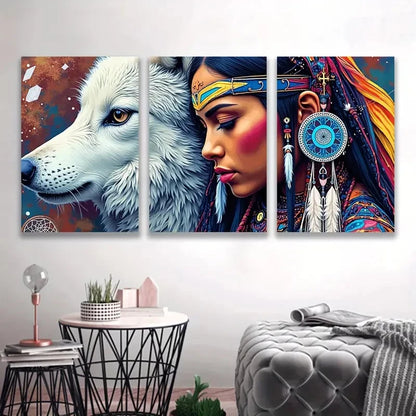 3pcs Vibrant Wolf & Indigenous Woman   Wall Art Set Canvas Framed 50x70cm - High Quality Print 100% Australian Made Wall Canvas Ready to Hang - Bella Home Decor
