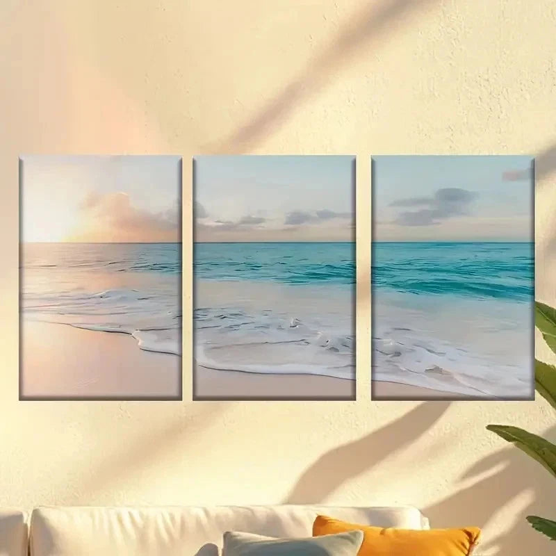 3pcs  Serene Ocean Waves & Golden Sky Wall Art Set Canvas Framed 40x60cm - High Quality Print 100% Australian Made Wall Canvas Ready to Hang - Bella Home Decor