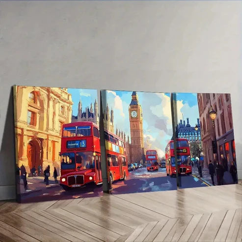 3pcs Red Double-Decker Bus Cityscape Perfect Wall Art Canvas Unframed - High Quality Print 100% Australian Made Wall Canvas