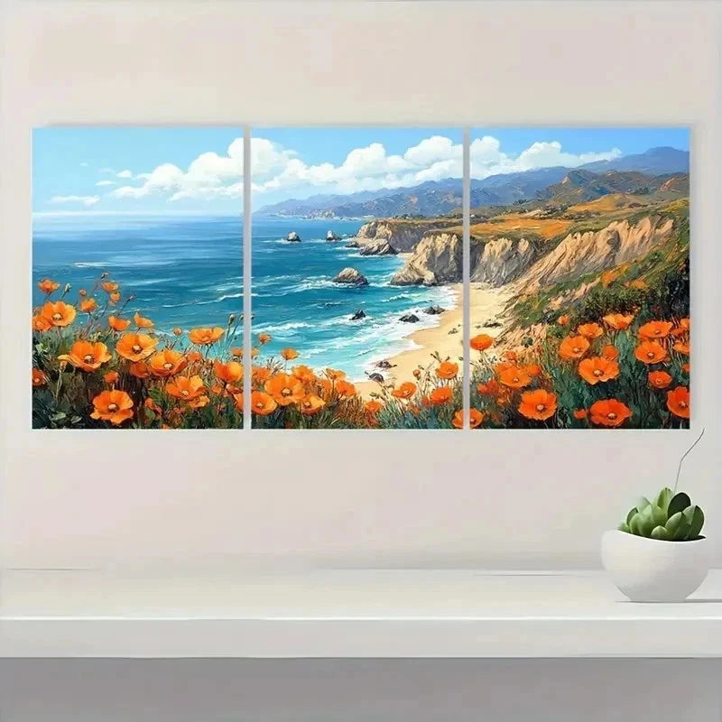 3pcs Big Sur Poppy California Coastal Perfect Wall Art Set Canvas Framed 40x60cm - High Quality Print 100% Australian Made Wall Canvas Ready to Hang - Bella Home Decor