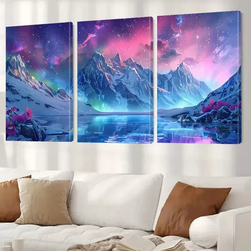 3pcs Abstract Starry Night With Pink Glow Wall Art Set Canvas Framed 60x90cm - High Quality Print 100% Australian Made Wall Canvas Ready to Hang