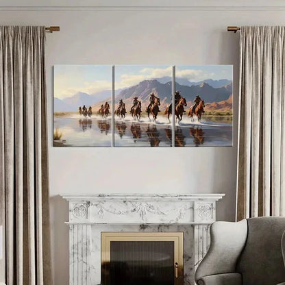 3pcs Cowboys Herd Of Horses River Mountains Wall Art Canvas Unframed - High Quality Print 100% Australian Made Wall Canvas - Bella Home Decor
