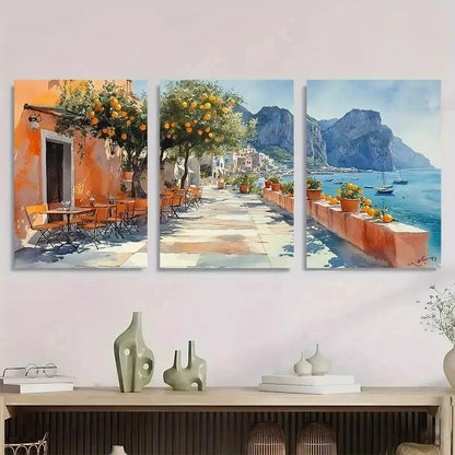 3pcs Italian Cityscape Lemon Tree Perfect Wall Art Set Canvas Framed 50x70cm - High Quality Print 100% Australian Made Wall Canvas Ready to Hang