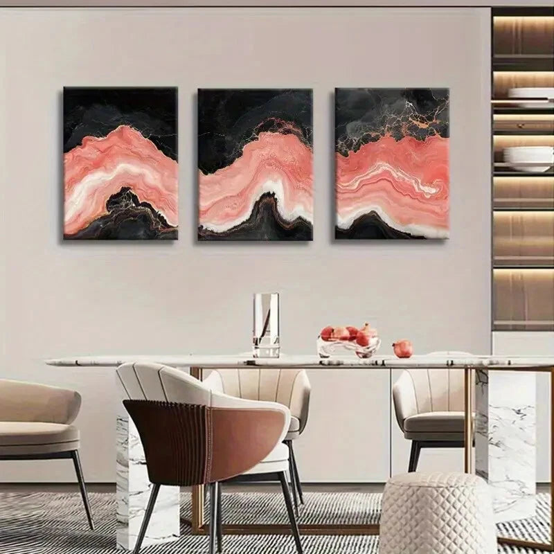 3pcs Abstract Coral Black Marble Texture Pink Metal Print Ready to Hang Art - Bella Home Decor