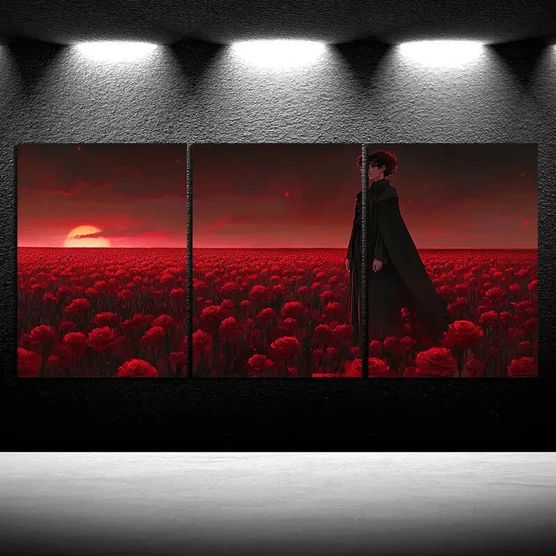 3pcs Floral Girl Red Flower Field Metal Print Ready to Hang Art - Bella Home Decor