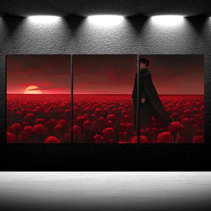 3pcs Floral Girl Red Flower Field Metal Print Ready to Hang Art - Bella Home Decor