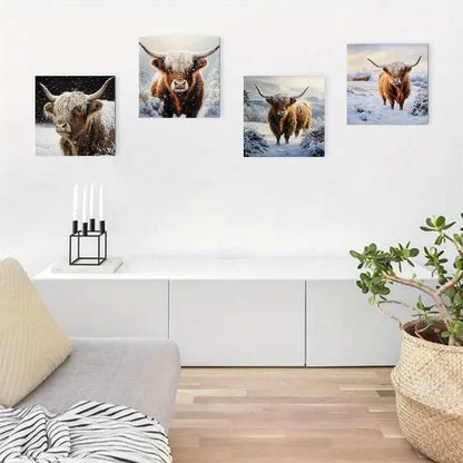 4pcs Vintage Abstract Highland Cow Wall Art Canvas Framed