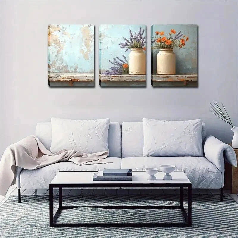 3pcs White Pots Lavender & Orange Flower Perfect Wall Art Set Canvas Framed 60x90cm - High Quality Print 100% Australian Made Wall Canvas Ready to Hang - Bella Home Decor