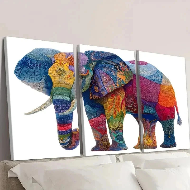 3pcs Vibrant Elephant Abstract Wall Art Set Canvas Framed 50x70cm - High Quality Print 100% Australian Made Wall Canvas Ready to Hang